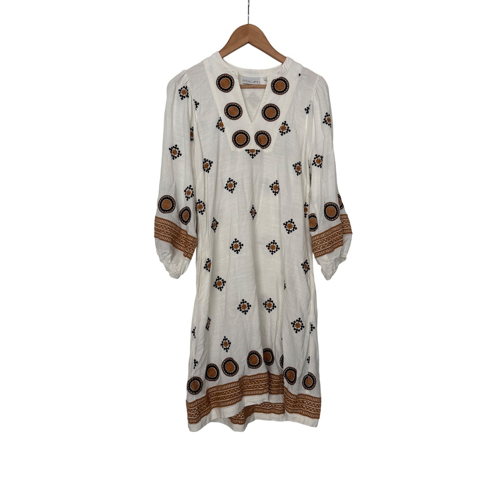 FOIL White Linen Boho Folk Embroidered Mini Tunic Dress Coastal Resort 10 US